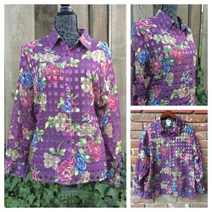 Bon Worth Purple Sheer Floral Blouse - Size Large Petite